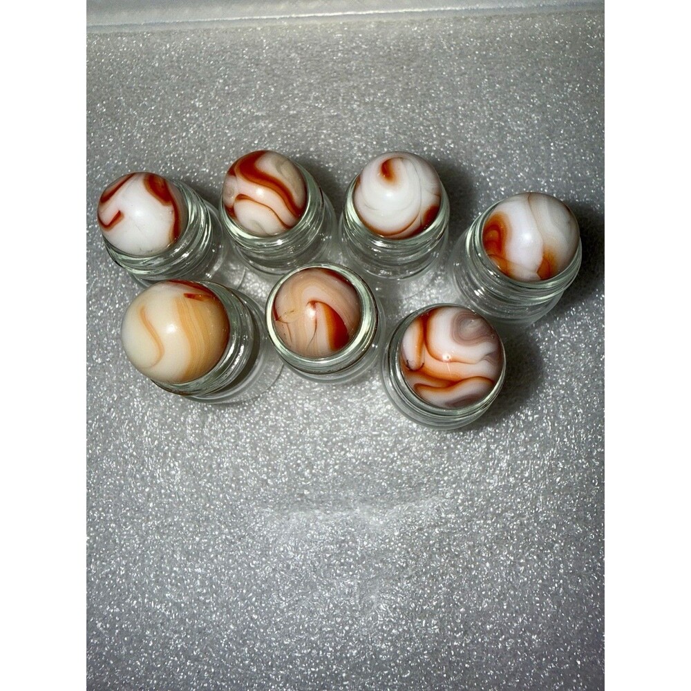 Vintage Akro Agate Slag Glass Marbles Lot of 7 UV Reactive Cadmium Orange White